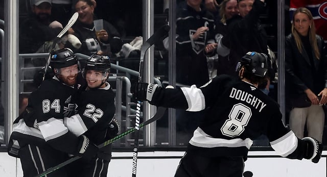 The Kings’ Kevin Fiala, center, celebrates with teammates Vladislav Gavrikov, left, and Drew Doughty after scoring a goal during the third period of their game against the Montreal Canadiens on Wednesday night at Crypto.com Arena. Fiala had two goals in a 6-3 win. (Photo by Katelyn Mulcahy/Getty Images)