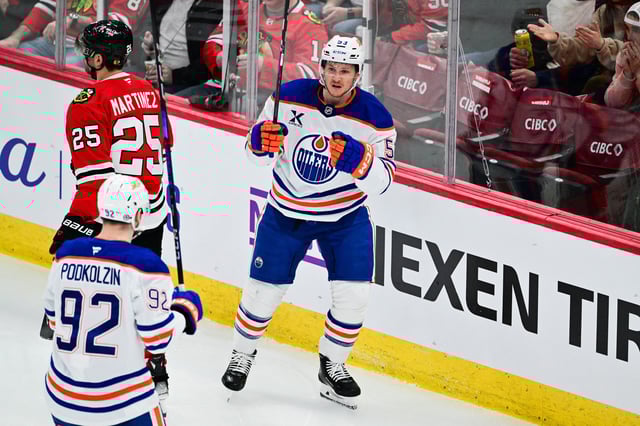 Feb 5, 2025; Chicago, Illinois, USA; Edmonton Oilers left wing Jeff Skinner (53) celebrates his goal against the Chicago Blackhawks during the third period at the United Center. Mandatory Credit: Daniel Bartel-Imagn Images