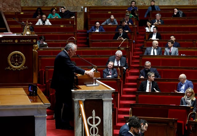 French Prime Minister Francois Bayrou delivers a speech during a debate on a motion of no-confidence against the French government on the 2025 budget bill (PLF), tabled by members of parliament of La France Insoumise (France Unbowed - LFI) parliamentary group, at the National Assembly in Paris, France, February 5, 2025. REUTERS/Gonzalo Fuentes