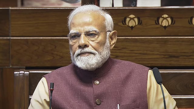 Prime Minister Narendra Modi in the Rajya Sabha during the Budget session of Parliament, in New Delhi, Thursday, Feb. 6, 2025. 