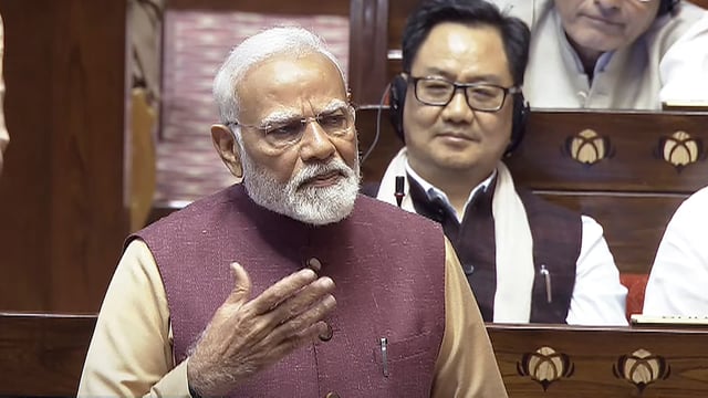 Prime Minister Narendra Modi speaks in the Rajya Sabha during the Budget session of Parliament, in New Delhi, Thursday, Feb. 6, 2025. 