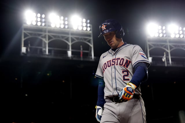 CHICAGO, ILLINOIS - APRIL 24: Alex Bregman #2 of the Houston Astros reacts against the Chicago Cubs during the seventh inning at Wrigley Field on April 24, 2024 in Chicago, Illinois.
