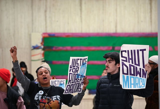 Demonstrators rally in support of fatally beaten Marcy Correctional Facility inmate Robert Brooks ahead of Gov. Kathy Hochuls 2025 State of the State Address on Tuesday, Jan. 14, 2025.