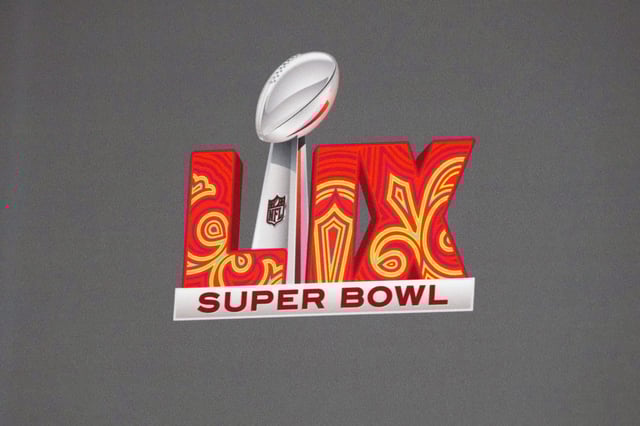 A detail view of a Super Bowl LIX logo before a press conference ahead of Super Bowl LIX at New Orleans Saints Locker Room.