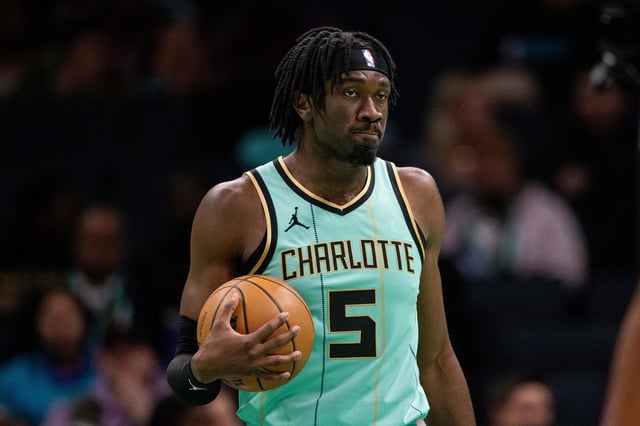 Jan 24, 2025; Charlotte, North Carolina, USA; Charlotte Hornets center Mark Williams (5) holds the ball against the Portland Trail Blazers during the second quarter at Spectrum Center. Mandatory Credit: Scott Kinser-Imagn Images/File Photo