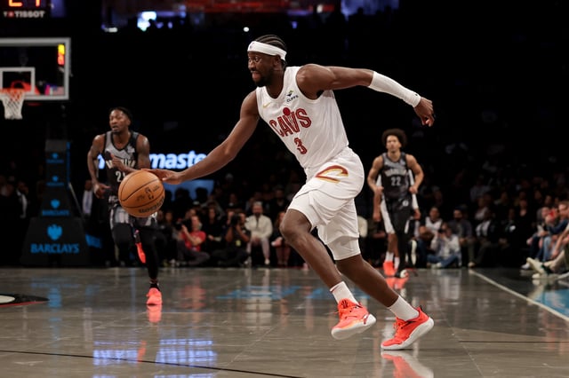 Dec 16, 2024; Brooklyn, New York, USA; Cleveland Cavaliers guard Caris LeVert (3) drives to the basket against the Brooklyn Nets during the first quarter at Barclays Center. Mandatory Credit: Brad Penner-Imagn Images/File Photo