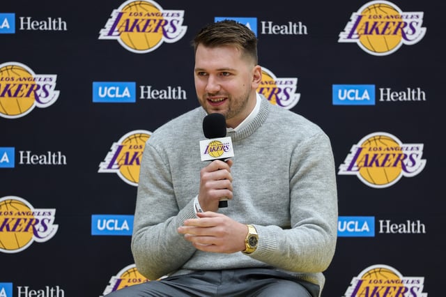 EL SEGUNDO, CALIFORNIA - FEBRUARY 04: Luka Doncic, formerly of the Dallas Mavericks, speaks at a press conference introducing him as a new member of the Los Angeles Lakers at UCLA Health Training Center on February 04, 2025 in El Segundo, California.