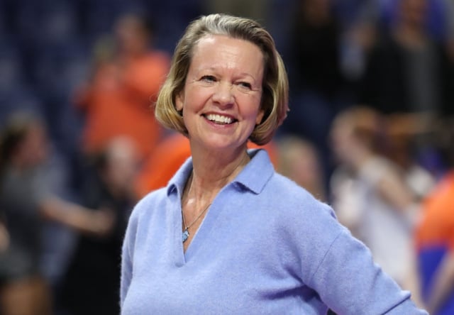 UF volleyball coach Mary Wise is shown during the 2022 against Iowa State, where in 1981 she began a 43-year career ending with 1,068 wins. (Maddie Washburn/UAA Communications)