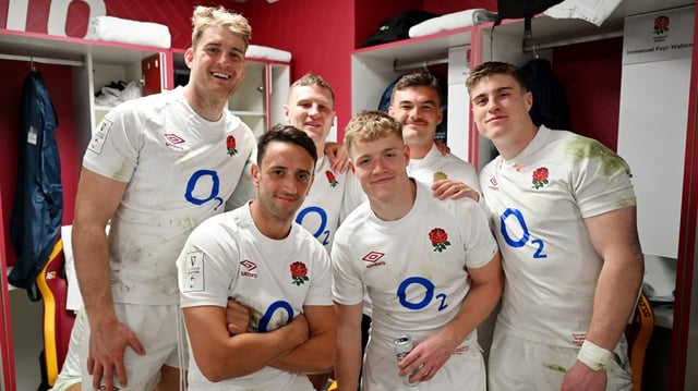 From back row, left: Northampton Saints and England team-mates Alex Coles, Dingwall, Furbank, Freeman; and front row, from left: Mitchell and Fin Smith after last year’s Six Nations win over Italy