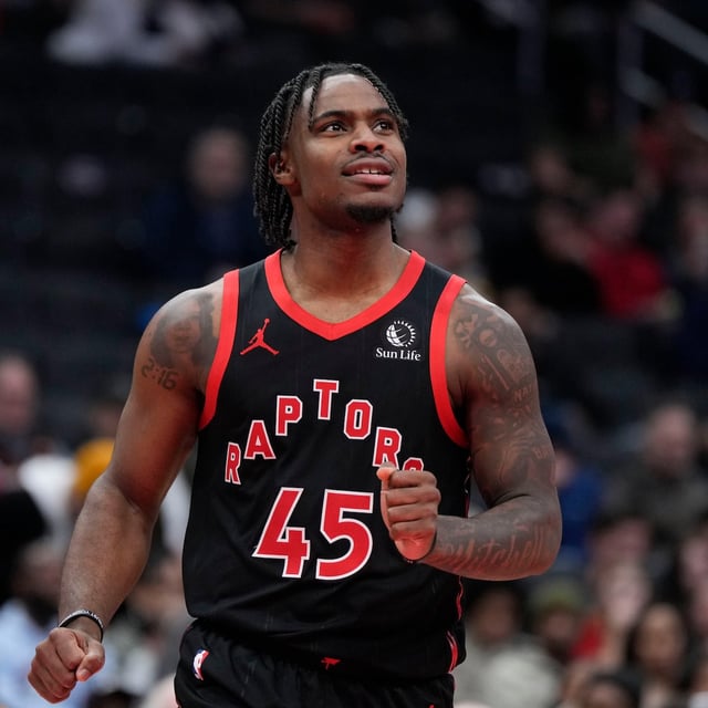 Toronto Raptors guard Davion Mitchell celebrates after making a defensive play against the Washington Wizards during the second half of an NBA basketball game Wednesday, Jan. 29, 2025, in Washington. THE CANADIAN PRESS/AP, Jess Rapfogel