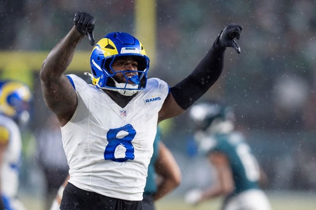 Rams linebacker Jared Verse celebrates a play during their NFC divisional playoff loss to the Philadelphia Eagles last month in Philadelphia. Verse on Thursday night was named the NFL Defensive Rookie of the Year. (AP Photo/Chris Szagola)