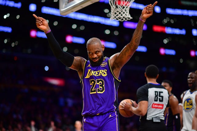 Feb 6, 2025; Los Angeles, California, USA; Los Angeles Lakers forward LeBron James (23) reacts during the second half at Crypto.com Arena. Mandatory Credit: Gary A. Vasquez-Imagn Images