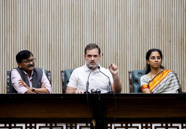 India's main opposition Congress Party leader Rahul Gandhi, along with Nationalist Congress Party member Supriya Sule and Shiv Sena party member Sanjay Rajaram Raut, speak to the media during a press conference, in New Delhi, India, February 7, 2025. REUTERS/Sahiba Chawdhary