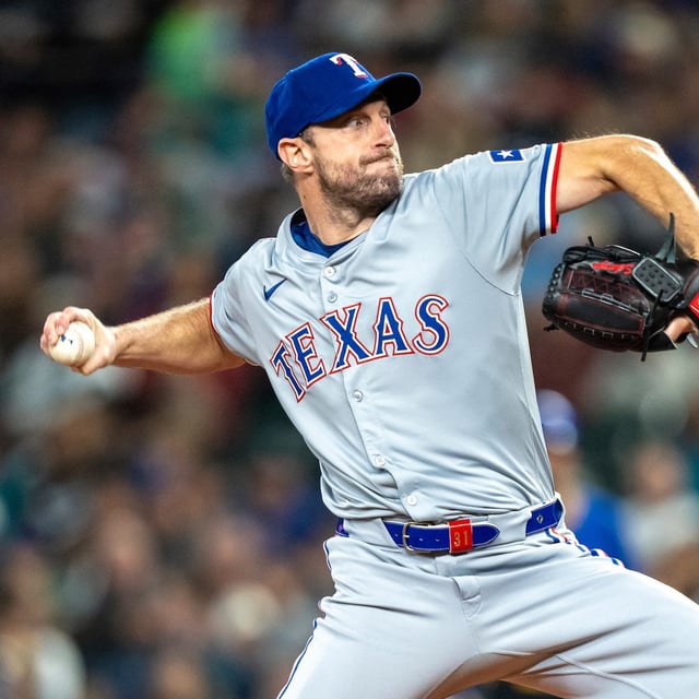 Texas Rangers starter Max Scherzer delivers a pitch during a baseball game against the Seattle Mariners, Saturday, Sept. 14, 2024, in Seattle. Newly acquired pitcher Scherzer and Toronto Blue Jays GM Ross Atkins, who signed the 40-year-old right-hander to a one-year contract US$15-million contract, meet the media. THE CANADIAN PRESS/AP/Stephen Brashear