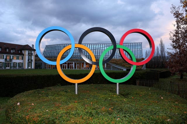 The Olympic rings symbol is displayed by the Olympic House, ahead of the Executive Board meeting of the International Olympic Committee (IOC), in Lausanne, Switzerland, December 3, 2024. REUTERS/Denis Balibouse/File Photo