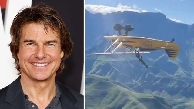 Tom Cruise, Tom Cruise hanging from plane during stunt for "Mission Impossible 8" (Getty Images,X: @tomcruise)