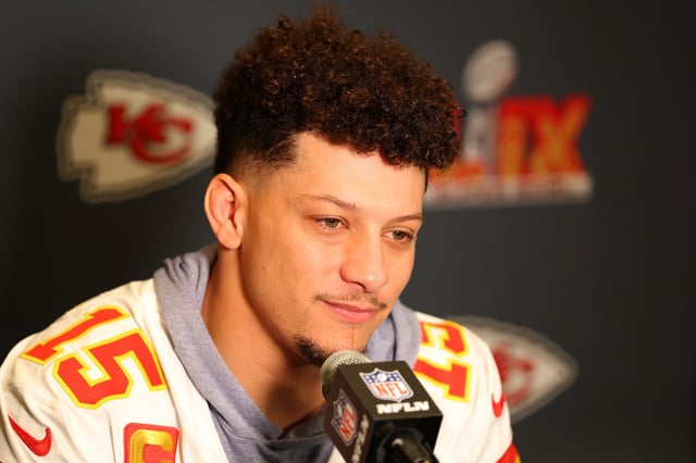 Patrick Mahomes #15 of the Kansas City Chiefs talks during media availability prior to Super Bowl LIX at the New Orleans Marriott on February 06, 2025 in New Orleans, Louisiana.