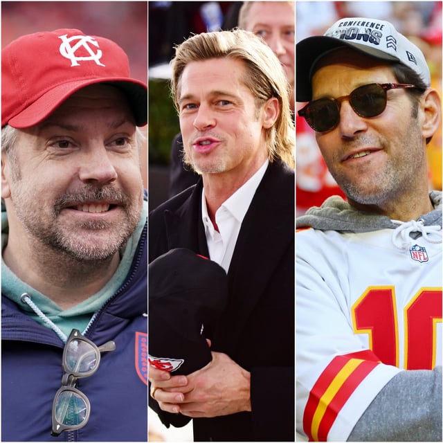 Jason Sudeikis at GEHA Field at Arrowhead Stadium on Nov 27, 2022. / Brad Pitt puts on a Kansas City Chiefs hat at the SAG Awards in Los Angeles on Jan. 19, 2020 / Paul Rudd at State Farm Stadium on Feb 12, 2023.