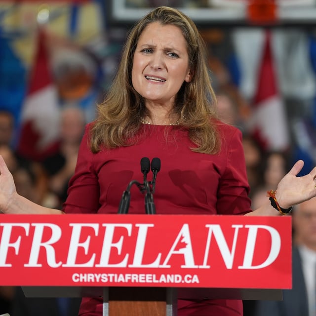 Former finance minister Chrystia Freeland speaks at a press conference in Toronto on Sunday Jan. 19, 2025. THE CANADIAN PRESS/Frank Gunn