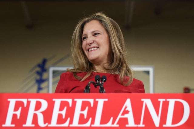 Chrystia Freeland, Canada's former Finance Minister, holds a campaign event after announcing on social media that she will run to replace her former boss, Prime Minister Justin Trudeau, as leader of the ruling Liberal Party, in Toronto, Ontario, Canada January 19, 2025.  REUTERS/Cole Burston/File Photo