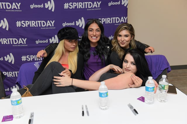 NEW YORK, NY - OCTOBER 05: Mandy Rose, Sonya DeVille, Cathy Kelley and Paige attend Meet WWE Superstars during 2018 New York Comic Con at The Queer Lounge at Javits Center on October 5, 2018 in New York City.