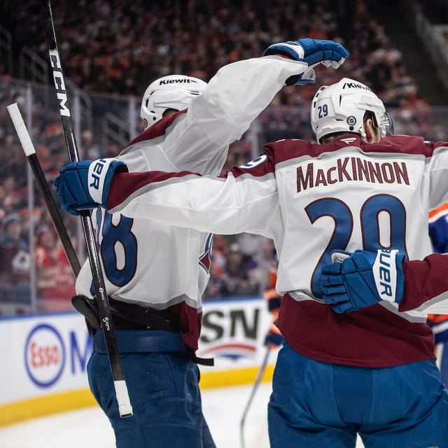 Colorado Avalanche's Martin Necas (88), Nathan MacKinnon (29) and Jonathan Drouin (27) celebrate a goal against the Edmonton Oilers during first period NHL action in Edmonton on Friday, February 7, 2025. THE CANADIAN PRESS/Jason Franson