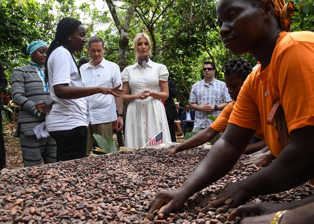 In this April 2019 photo, Ivanka Trump visits the cocoa cooperative farmers near Adzope as the first Women Entrepreneurs Finance Initiative (We-Fi) West Africa Regional Summit to be held on in Abidjan, Côte d'Ivoire.