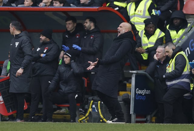 Soccer Football - FA Cup - Fourth Round - Leyton Orient v Manchester City - Brisbane Road, London, Britain - February 8, 2025 Manchester City manager Pep Guardiola reacts Action Images via Reuters/John Sibley