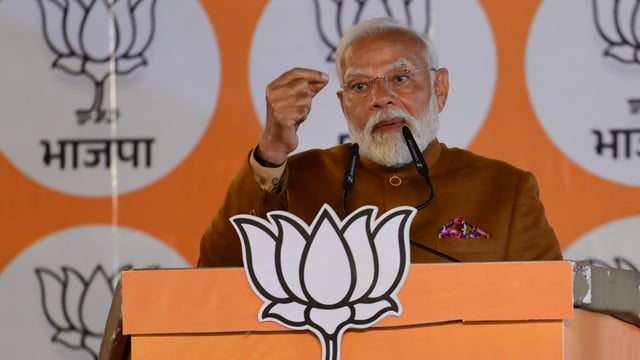 Prime Minister Narendra Modi addresses BJP workers at the party headquarters. 
