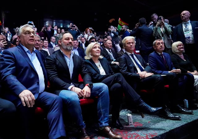 Hungarian Prime Minister Viktor Orban, Spain's far-right party Vox leader Santiago Abascal, French far-right leader and member of parliament Marine Le Pen, President of the French far-right National Rally (Rassemblement National - RN) party parliamentary group and Dutch far-right leader Geert Wilders attend Spanish far-right party VOX rally with other European far-right leaders, in Madrid, Spain, February 8, 2025. REUTERS/Ana Beltran