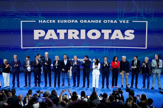 Former Czech Prime Minister Andrej Babis, Conservative People's Party of Estonia (EKRE) leader Martin Helme, Portugal's far-right political party Chega leader Andre Ventura, Dutch far-right leader Geert Wilders , Spain's far-right party Vox leader Santiago Abascal and French far-right leader and member of parliament Marine Le Pen, President of the French far-right National Rally (Rassemblement National - RN) party parliamentary group, Hungarian Prime Minister Viktor Orban, Italian Deputy Prime Minister Matteo Salvini and Greek leader of "Voice of Reason" party Afroditi Latinopoulou and co-leader of Polish far-right political alliance Confederation Krzysztof Bosak stand on stage at Spanish far-right party VOX rally with other European far-right leaders, in Madrid, Spain, February 8, 2025. REUTERS/Ana Beltran