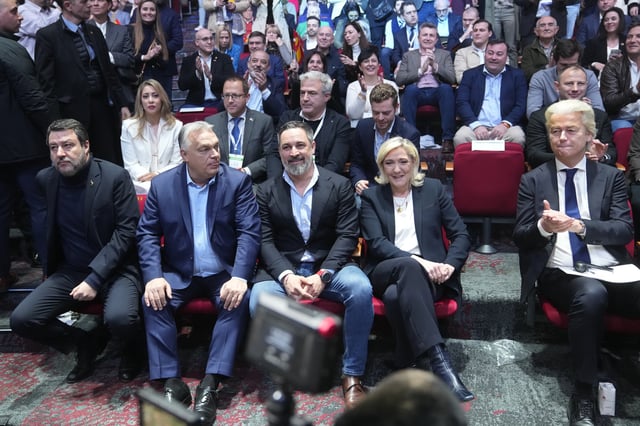 Spanish far-right VOX party leader Santiago Abascal, centre, sits with European far-right politicians during Patriots for Europe summit in Madrid, Spain, Saturday, Feb. 8, 2025. From left, Italy's vice Premier Matteo Salvini, Hungarian Prime Minister Viktor Orban, far-right VOX party leader Santiago Abascal, French far-right leader Marine Le Pen and Dutch far right wing politician Geert Wilders.(AP Photo/Paul White)