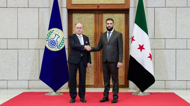 Syria's interim President Ahmed al-Sharaa meets with Fernando Arias, the head of the Organisation for the Prohibition of Chemical Weapons (OPCW) in Damascus, Syria, in this handout released on February 8, 2025. Syrian Presidency/Handout via REUTERS