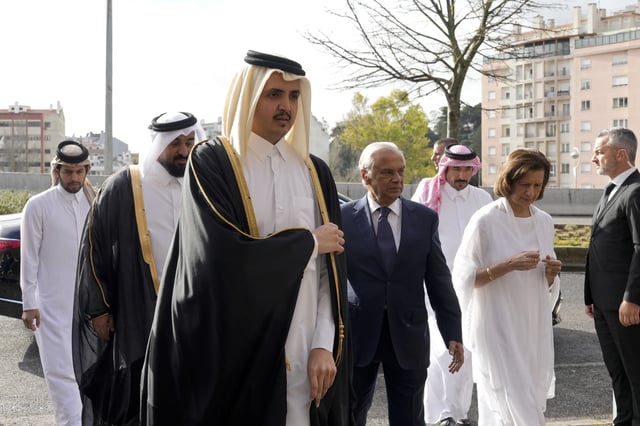 Sheikh Thani Bin Hamad Al-Thani of Qatar arrives to attend the funeral of Prince Karim Al-Hussaini, the Aga Khan IV, at the Ismaili Muslim community center in Lisbon, Saturday, Feb. 8, 2025. (AP Photo/Ana Brigida)