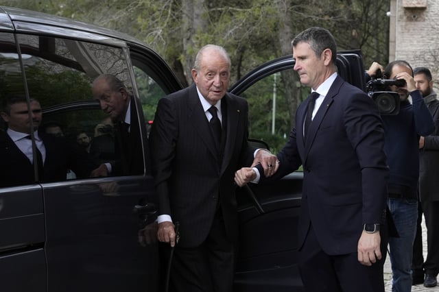 Spain's former King Juan Carlos arrives to attend the funeral of Prince Karim Al-Hussaini, the Aga Khan IV, at the Ismaili Muslim community center in Lisbon, Saturday, Feb. 8, 2025. (AP Photo/Ana Brigida)