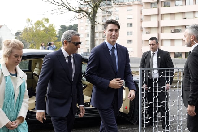 Justin Trudeau, the Prime Minister of Canada, arrives to attend the funeral of Prince Karim Al-Hussaini, the Aga Khan IV, at the Ismaili Muslim community center in Lisbon, Saturday, Feb. 8, 2025. (AP Photo/Ana Brigida)