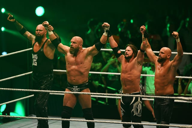 TOKYO,JAPAN - JUNE 28: Luke Gallows,Triple H,AJ Styles and Karl Anderson celebrate the victory during the WWE Live Tokyo at Ryogoku Kokugikan on June 28, 2019 in Tokyo, Japan.