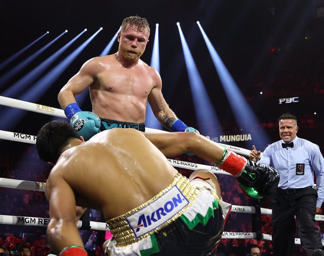 Canelo Alvarez knocks down Jaime Munguia in 2024. Alvarez will fight William Scull next in May.