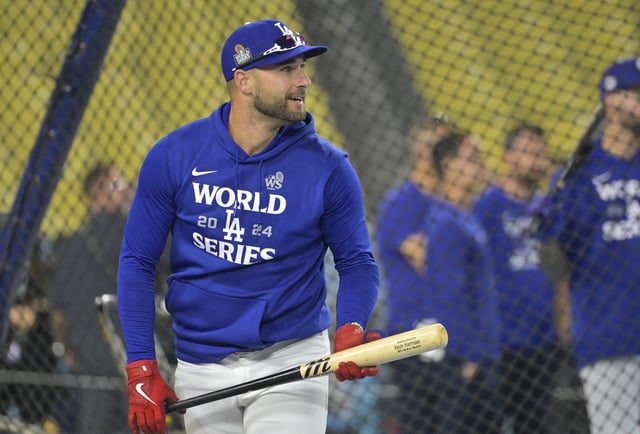 Oct 24, 2024; Los Angeles, CA, USA;  Los Angeles Dodgers center fielder Kevin Kiermaier (93) during the team workout prior to game one of the World Series against the New York Yankees at Dodger Stadium. Mandatory Credit: Jayne Kamin-Oncea-Imagn Images/File Photo