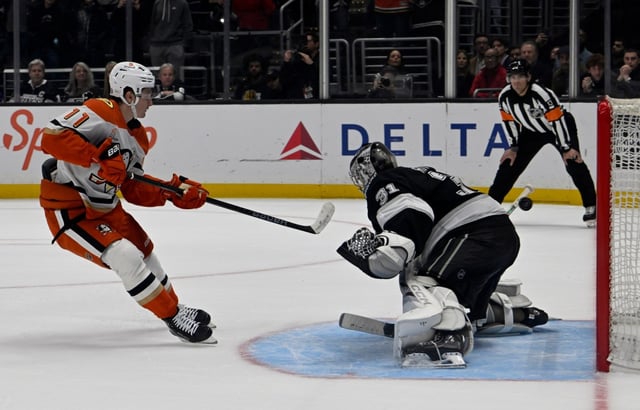 Trevor Zegras #11 of the Ducks scores on David Rittich #31 of the Kings during a shootout of an NHL hockey game at Crypto.com Arena in Los Angeles on Saturday, Feb. 8, 2025. (Photo by Libby Cline-Birmingham, Contributing Photographer)