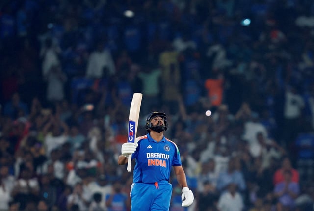 Cricket - Second One Day International - India v England - Barabati Stadium, Cuttack, India - February 9, 2025 India's Rohit Sharma celebrates after reaching his century REUTERS/Sahiba Chawdhary
