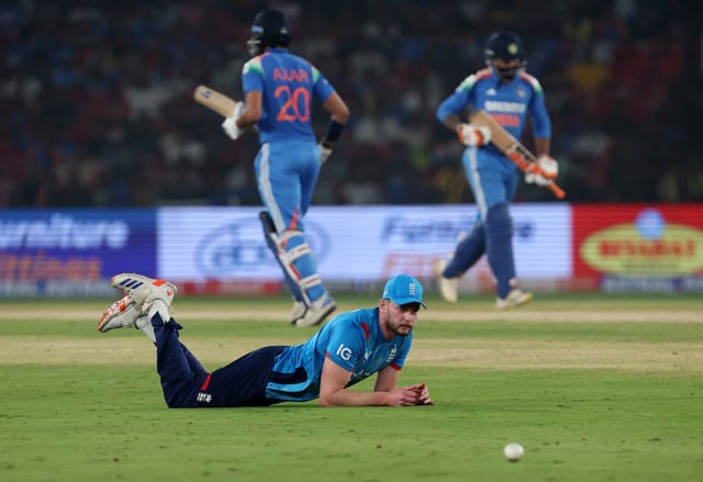Cricket - Second One Day International - India v England - Barabati Stadium, Cuttack, India - February 9, 2025 England's Gus Atkinson looks on while fielding REUTERS/Amit Dave