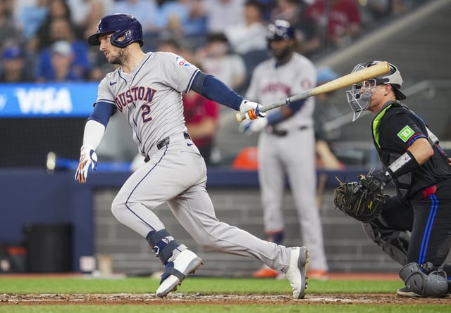 TORONTO, ON - JULY 3: Alex Bregman #2 of the Houston Astros swings against the Toronto Blue Jays during the seventh inning in their MLB game at the Rogers Centre on July 3, 2024 in Toronto, Ontario, Canada.