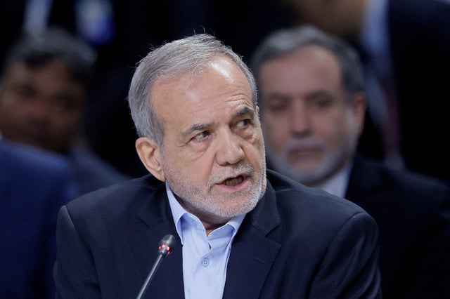 Iranian President Masoud Pezeshkian speaks during a plenary session in the outreach/BRICS Plus format at the BRICS summit in Kazan, Russia October 24, 2024. REUTERS/Maxim Shemetov/Pool/File Photo