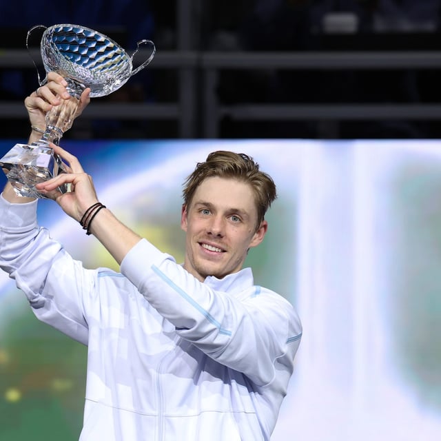 FRISCO, TEXAS - FEBRUARY 09: Denis Shapovalov of Canada poses with the trophy after winning the Men's Singles competition in the 2025 Dallas Open at The Ford Center at The Star on February 09, 2025 in Frisco, Texas. (Photo by Sam Hodde/Getty Images)