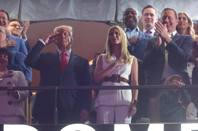 President Donald Trump and Ivanka Trump during the playing of the national anthem in Super Bowl LIX at Ceasars Superdome.