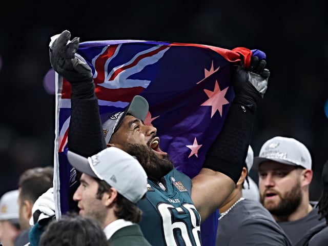 NEW ORLEANS, LOUISIANA - FEBRUARY 09: Jordan Mailata #68 of the Philadelphia Eagles celebrates after beating the Kansas City Chiefs 40-22 to win Super Bowl LIX at Caesars Superdome on February 09, 2025 in New Orleans, Louisiana. (Photo by Emilee Chinn/Getty Images)