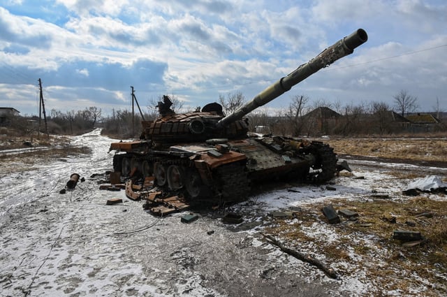 This illustrated image shows a destroyed tank in the village of Tsupivka, Kharkiv region, on March 1, 2023.