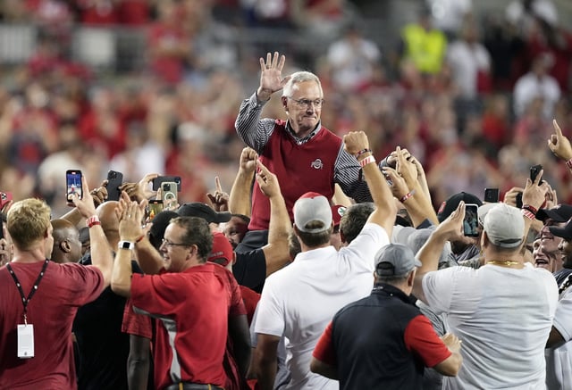 Sep 3, 2022; Columbus, Ohio, USA; Ohio State honored the the 2002 National Championship team and former head coach Jim Tressel between quarters of the NCAA football game between Ohio State Buckeyes and Notre Dame Fighting Irish at Ohio Stadium. Mandatory Credit: Kyle Robertson-USA TODAY Sports/File Photo