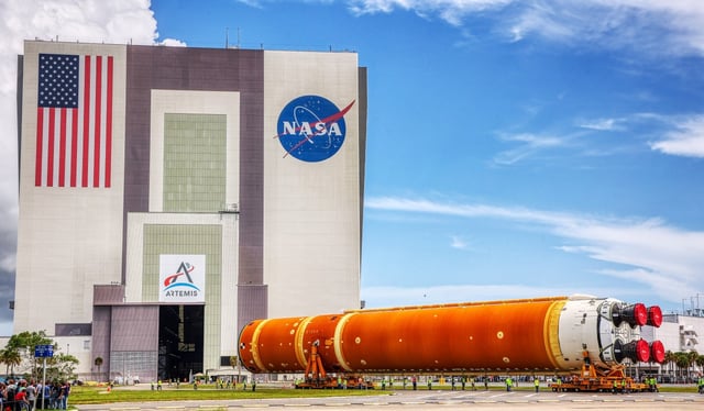 The Core Stage for NASA’s Space Launch System rocket is moved from the Pegasus barge to the Vehicle Assembly Building, on Tuesday, July 23, 2024.  

(Ricardo Ramirez Buxeda/ Orlando Sentinel)